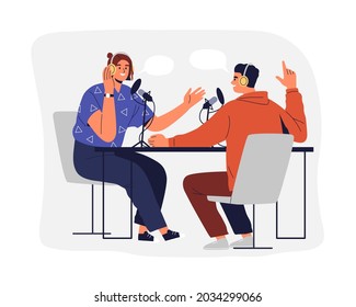 People recording podcast. Man and woman in headphones talking and interviewing for radio broadcast. Online audio streaming from studio. Colored flat vector illustration isolated on white background