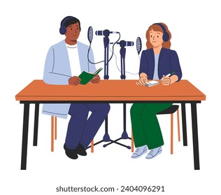 People recording podcast. Man and woman in headphones talking and interviewing for radio broadcast. Online audio streaming from studio. Colored flat vector illustration isolated on white background