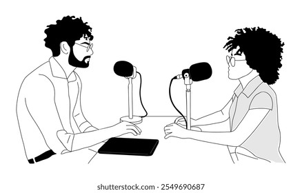 People recording podcast. Man and woman talking and interviewing for radio broadcast. Online audio streaming from studio. Outline hand drawn vector illustration isolated on white background