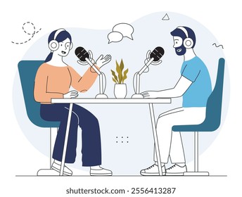 People recording podcast. Man and woman with microphones sitting at table. Broadcasting and audio content. People creating content. Linear vector illustration isolated on white background