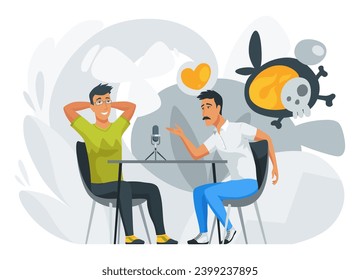 People recording podcast in radio studio. Male radio host interviewing guest. Mass media broadcasting. Sound recording equipment, microphone. Radio station cartoon characters on cartoon background