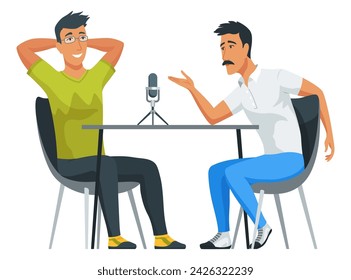 People recording podcast in radio studio. Male radio host interviewing guest. Mass media broadcasting. Sound recording equipment, microphone. Radio station cartoon characters