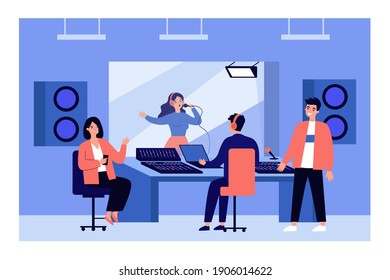 People recording song in sound studio. Singer singing at microphone behind glass window, engineer working at mixing console desk. Vector illustration for audio production, show business concept