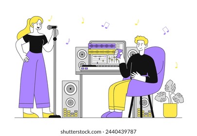 People in recording studio linear. Woman with microphone and man with computer. Singer and editor. Professional vocalist at studio. Doodle flat vector illustration isolated on white background