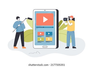 People recording video on mobile phone. Tiny male characters holding professional camera and microphone flat vector illustration. Media content concept for banner, website design or landing web page