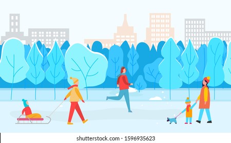 People recreation activity in urban winter park. Man and woman skating and walking with sleigh. Family going with domestic dog near snowy trees and skyscraper. Kid on sled outdoor in town vector