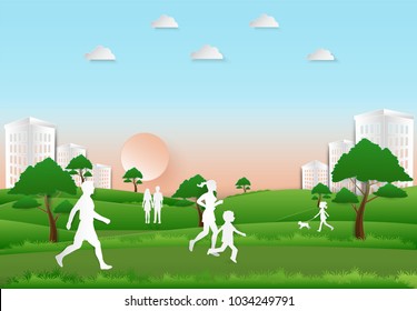 People recreation and exercise in the park on sunset background, Paper art, paper cut illustration