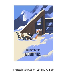 People recreation on ski resort poster. Skiers rest with hot drinks on snow mountain. Characters relax after snowboarding on winter vacation. Sport tourism on holidays. Flat vector illustration