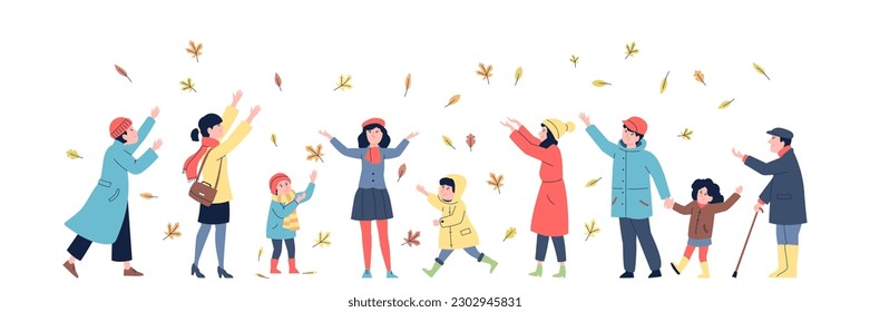 La gente recreando al aire libre, las hojas de otoño caen. Feliz otoño, adultos y niños jugando en parque o bosque. Noviembre de octubre reciente escena vectorial