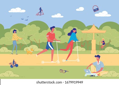 People Recreation Time in Green Public City Park. Fashion Girl Walking Dog on Leash. Man and Woman Sportive Character Riding Scooter. Freelancer Working on Laptop Sitting on Lawn. Kid on Carousel