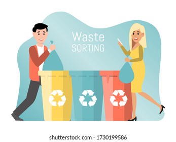 People recycle plastic paper and glass, city concept flat vector illustration on white background. Male, female character waste sorting cleaning garbage. Responsible eco friendly person.