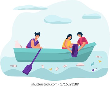 People recycle rubbish in sea, lake concept and vector illustration on white background. Male, female characters sorting and cleaning of garbage. Save water area from trash. Flat style.