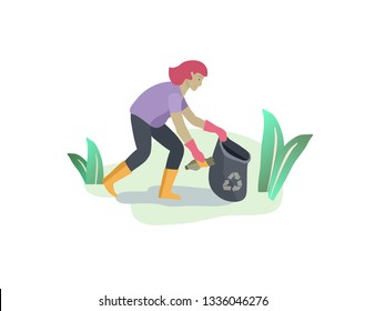 people Recycle Sort organic Garbage in different container for Separation to Reduce Environment Pollution. Woman collect garbage in bag or container. Environmental day vector cartoon illustration