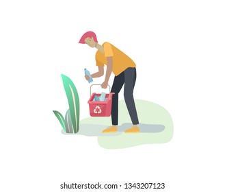 people Recycle Sort organic Garbage in different container for Separation to Reduce Environment Pollution. Man collect garbage in bag or container. Environmental day vector cartoon illustration