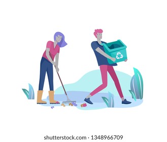 people Recycle Sort organic Garbage in different container for Separation to Reduce Environment Pollution. Man and woman collect garbage. Environmental day vector cartoon illustration