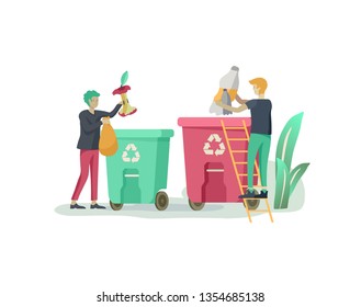 personas reciclan Ordenar basura orgánica en diferentes contenedores para la separación para reducir la contaminación ambiental. Un hombre recoge basura en una bolsa o en un contenedor. Dibujo de caricaturas de vectores del Día del Medio Ambiente