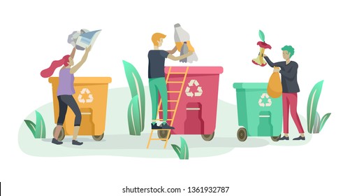 people Recycle Sort organic Garbage in different container for Separation to Reduce Environment Pollution. Man and woman collect garbage. Environmental day vector cartoon illustration