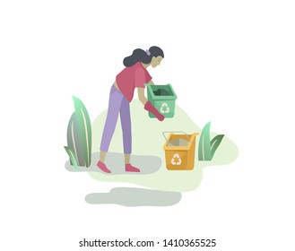 people Recycle Sort organic Garbage in different container for Separation to Reduce Environment Pollution. Woman collect garbage in bag or container. Environmental day vector cartoon illustration