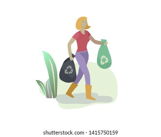 people Recycle Sort organic Garbage in different container for Separation to Reduce Environment Pollution. Woman collect garbage in bag or container. Environmental day vector cartoon illustration