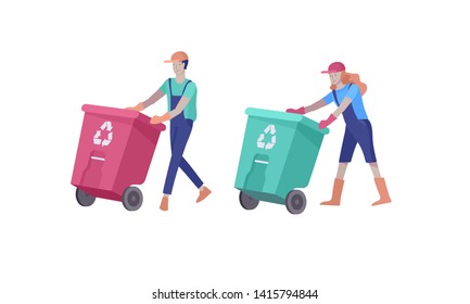 people Recycle Sort organic Garbage in different container for Separation to Reduce Environment Pollution. Man and woman collect garbage. Environmental day vector cartoon illustration