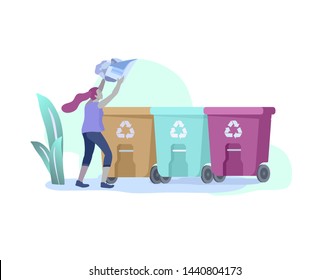 people Recycle Sort organic Garbage in different container for Separation to Reduce Environment Pollution. Woman collect garbage in bag or container. Environmental day vector cartoon illustration