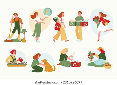 People recycle trash, plant and care about nature. Eco friendly. eco friendly behaviour. Environmentally friendly people.