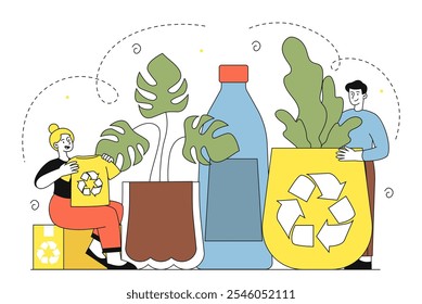 People with recycled goods. Woman with Tshirt and man with pot made from recycled materials. Caring for ecology and environment. Reducing waste emissions into atmosphere. Linear vector illustration