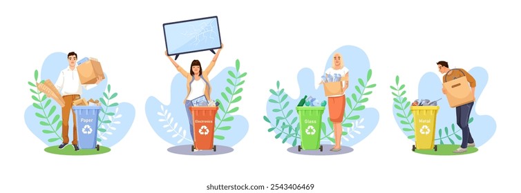 Pessoas reciclando diferentes materiais em recipientes para conscientização ambiental. Ilustração vetorial