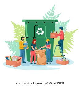 People recycling glass containers with large green bin behind, flat style, leafy background. Concept of eco awareness and waste management. Vector illustration