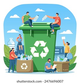 People recycling plastic bottles with a large green recycling bin in the center on a blue background. Vector illustration