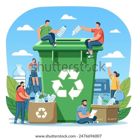 People recycling plastic bottles with a large green recycling bin in the center on a blue background. Vector illustration