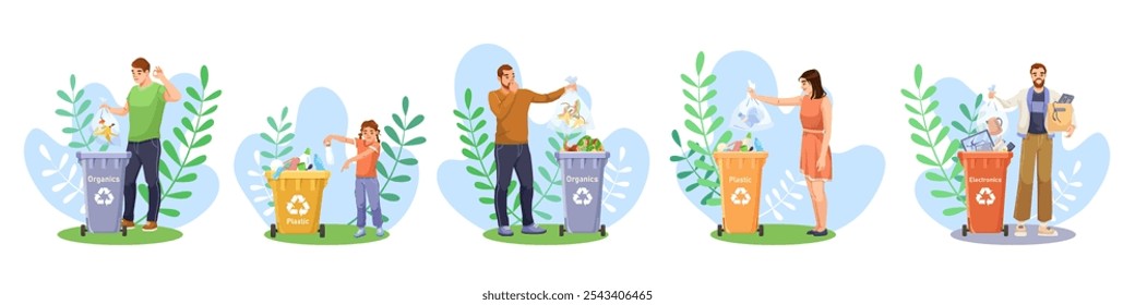 Personas de reciclaje de residuos en diferentes contenedores para diversos materiales. Ilustración vectorial