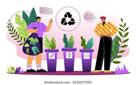 People with recycling wasted. Men near trash cans. Caring for ecology and environment. Garbage and waste sorting. Zero waste and sustainable lifestyle. Flat vector illustration