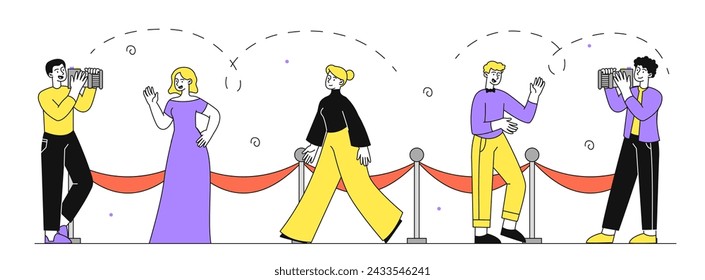 People at red carpet simple. Men and women with paparazzi. Celebrities and famous personalities. Movie and music stars, pop artists. Doodle flat vector illustration isolated on white background