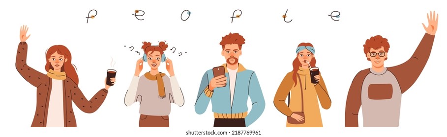 People with red hair. A group of young people in fashionable clothes. Guys and girls smile, listen to music, greet and drink coffee. Flat vector illumination