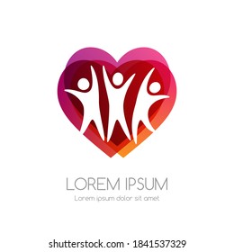 People and red heart shape. Medical emblem. Health care vector icon.