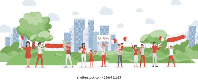 People in red and white casual clothes holding national flag of Belarus, placards and red and white balloons. Political protests in Belorussia vector flat illustration. People protesting in city park.