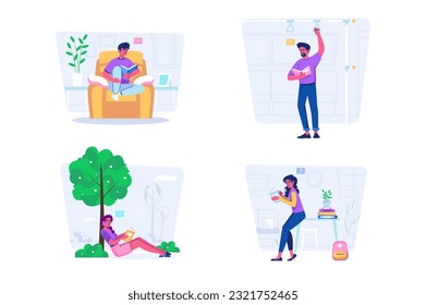 People reding book set concept with people scene in the flat cartoon design. People read books in different places. Vector illustration.