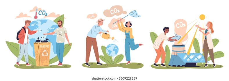 People reduce co2. Reduction dioxide gas emission neutral carbon footprint concept, save eco environment impact of greenhouse pollution, green energy set classy vector illustration original artwork
