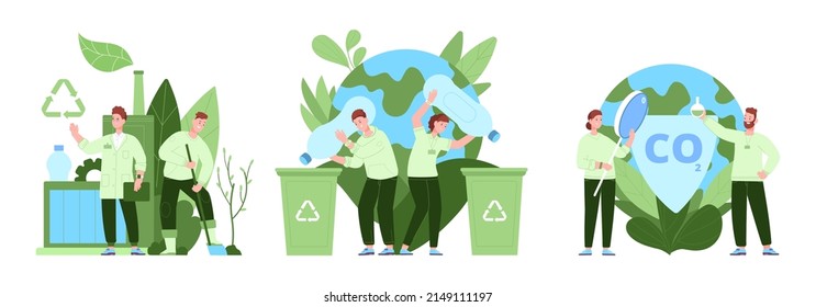 People reduce co2. Reduction emission footprint carbon, zero garbage impact nature climate, environment concept using green savings pollution, vector illustration of reduction pollution and emission