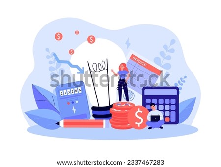 People reducing energy consumption vector illustration. Couple calculating utility bills, using power saving light bulb, checking electricity meter. Energy consumption, cost of living concept