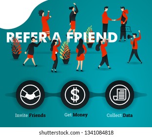 people are REFER A FRIEND and shake hands to get profit and achievement, for financial business, marketing, promotion, advertising, growth. can use for, landing page, template, ui, web, poster, banner