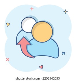 People referral icon in comic style. Business communication vector cartoon illustration pictogram. Reference teamwork business concept splash effect.