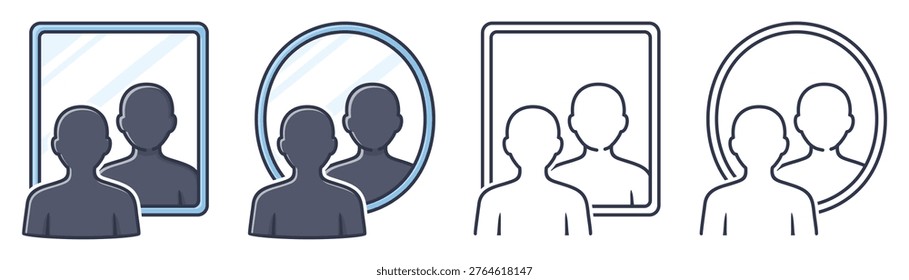 People Reflection Mirror Icon Set with Circle and Square Frames. Vector Illustration