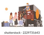 People Refugee with Luggage Climbing Truck for Leaving Homeland Fleeing from War Conflict Seeking Asylum Vector Illustration