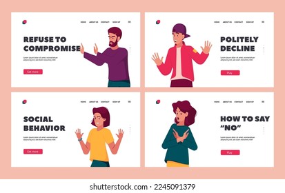 People Refuse Landing Page Template Set. Characters Show Refusal Gestures with Open Hand Palm Expressing Negative Emotions, Communication, Disagree Feelings Gesturing. Cartoon Vector Illustration