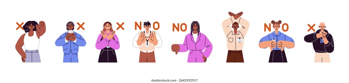People refuse set. Characters say No, Not, Stop with X hand gesture. Men and women cross arms, thumbs down for negative answer, denial, disagree. Flat isolated vector illustrations on white background