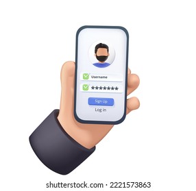 People register online 3D render. Login, bank access, app safety. Registration or sign up user interface. Users use secure login and password. Data protection. Vector illustration for UI, app