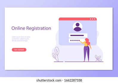 People register online. Registration or sign up user interface. Users use secure login and password. Concept of online registration, sign up, user interface. Vector illustration for UI, mobile app