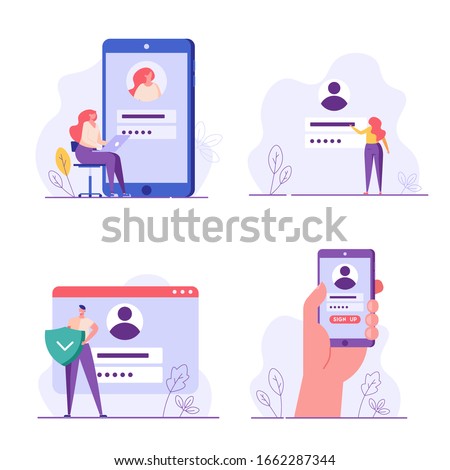 People register online set. Registration or sign up user interface. Users use secure login and password. Collection of online registration, sign up, user interface. Vector illustrations for UI, app